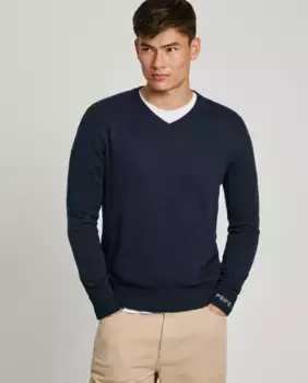 Мужской свитер с V-образным вырезом и вышитым логотипом на рукаве Pepe Jeans, темно-синий
