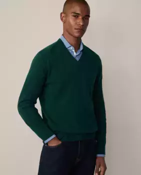 Мужской свитер с V-образным вырезом и заплатками на локтях Hackett, темно-зеленый