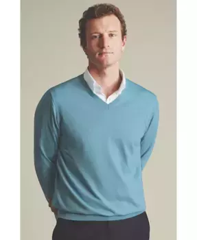 Мужской свитер с V-образным вырезом из мериносовой шерсти Charles Tyrwhitt, синий