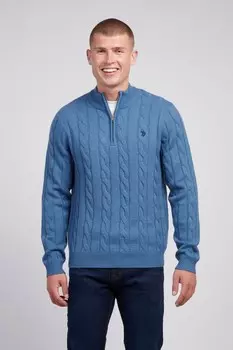 Мужской свитер с воротником стойкой, связанный косами U.S. Polo Assn, синий