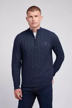 Мужской свитер с воротником стойкой, связанный косами U.S. Polo Assn, синий