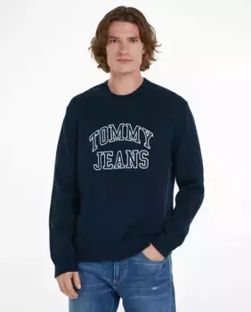 Мужской свитер с вышитым логотипом и круглым вырезом Tommy Jeans, темно-синий
