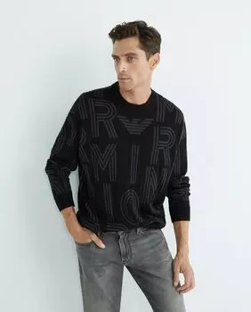 Мужской свитер с вышивкой в тон «елочкой» Emporio Armani, черный