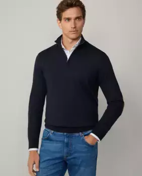 Мужской свитер с высоким воротником и нашивками на локтях Hackett, тёмно-синий