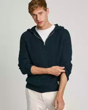 Мужской свитер в рубчик с капюшоном Pepe Jeans, темно-синий