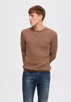 Мужской свитер вязанной вязки с круглым вырезом SELECTED, цвет Teak