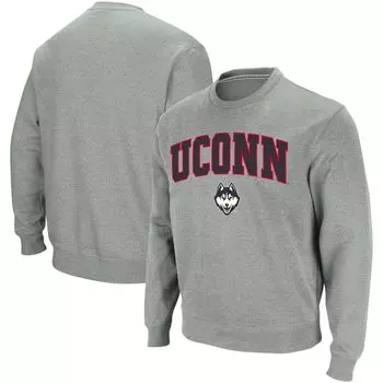 Мужской свитшот с круглым вырезом цвета Heather Grey UConn Huskies Arch & Logo Colosseum