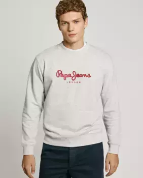 Мужской свитшот с круглым вырезом и принтом логотипа Pepe Jeans, светло-серый