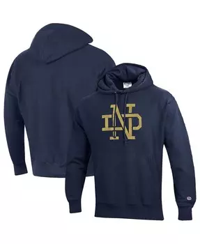 Мужской темно-синий пуловер с капюшоном и логотипом Notre Dame Fighting Irish Vault обратного переплетения Champion
