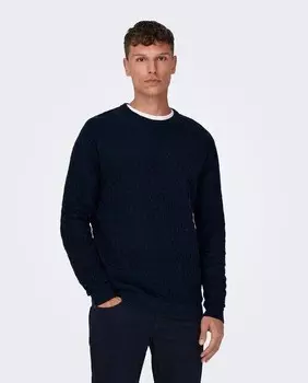 Мужской текстурированный вязаный свитер с круглым вырезом Only & Sons, темно-синий