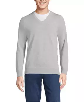 Мужской тонковязаный хлопковый свитер с V-образным вырезом Lands' End, серый