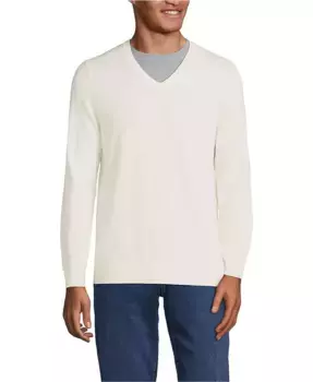 Мужской тонковязаный хлопковый свитер с V-образным вырезом Lands' End, слоновая кость/кремовый
