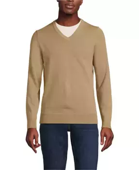 Мужской тонковязаный хлопковый свитер с V-образным вырезом Lands' End, коричневый