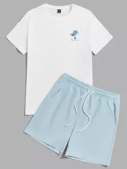 Мужской топ и шорты VCAY с хлопковым, буквенным и тропическим принтом Manfinity, синий/белый