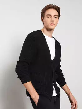 Мужской трикотажный кардиган со стандартным узором и V-образным вырезом LCW Casual, антрацит меланж