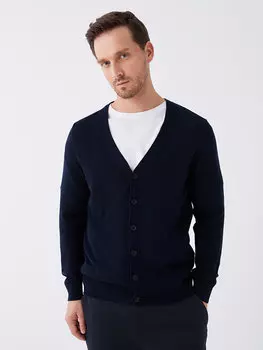 Мужской трикотажный кардиган со стандартным узором и V-образным вырезом LCWAIKIKI Classic, темно-синий