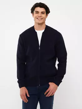 Мужской трикотажный кардиган со стандартным узором с воротником-стойкой LCW Casual, темно-синий