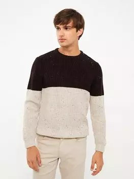 Мужской трикотажный свитер с цветными блоками и круглым вырезом с длинными рукавами LCW Casual