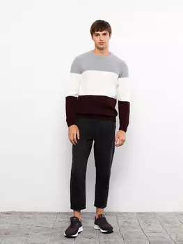 Мужской трикотажный свитер с цветными блоками и круглым вырезом с длинными рукавами LCW Casual