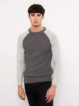 Мужской трикотажный свитер с цветными блоками и круглым вырезом с длинными рукавами LCW Casual