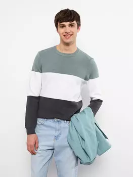 Мужской трикотажный свитер с цветными блоками и круглым вырезом с длинными рукавами LCW Casual