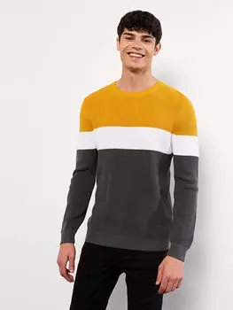 Мужской трикотажный свитер с цветными блоками и круглым вырезом с длинными рукавами LCW Casual