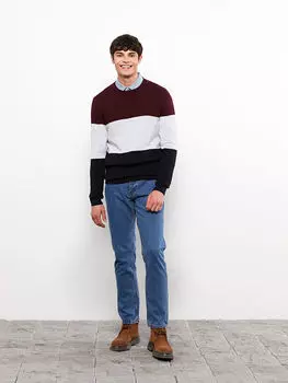 Мужской трикотажный свитер с цветными блоками и круглым вырезом с длинными рукавами LCW Casual