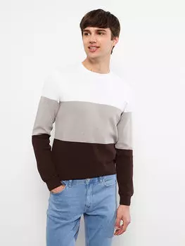 Мужской трикотажный свитер с цветными блоками и круглым вырезом с длинными рукавами LCW Casual
