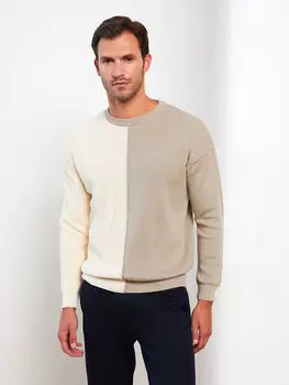 Мужской трикотажный свитер с цветными блоками и круглым вырезом с длинными рукавами LCW Vision