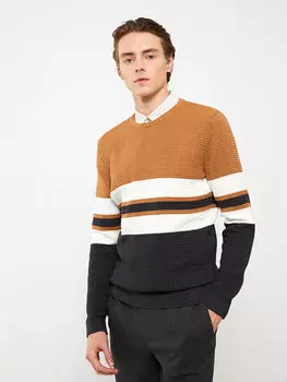 Мужской трикотажный свитер с цветными блоками и круглым вырезом с длинными рукавами LCW Vision