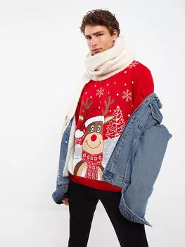 Мужской трикотажный свитер с круглым вырезом и длинными рукавами в рождественской тематике LCW Casual