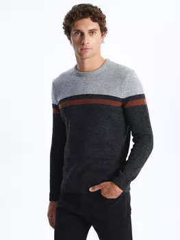 Мужской трикотажный свитер с круглым вырезом и длинными рукавами с цветными блоками LCWAIKIKI Classic, антрацит меланж
