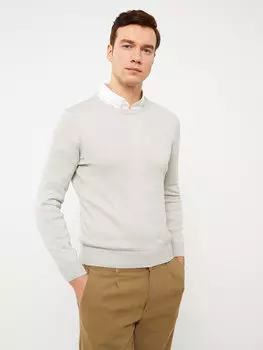 Мужской трикотажный свитер с круглым вырезом и длинными рукавами LCWAIKIKI Classic, светло-серый