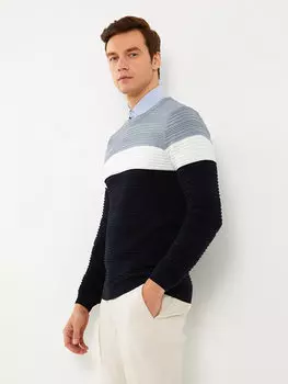 Мужской трикотажный свитер с круглым вырезом и длинными рукавами с цветными блоками LCW ECO, серый меланж