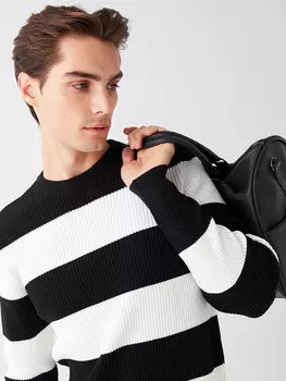 Мужской трикотажный свитер в полоску с круглым вырезом и длинными рукавами LCW Vision, новый черный