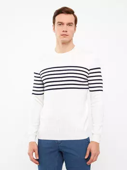 Мужской трикотажный свитер в полоску с круглым вырезом и длинными рукавами LCWAIKIKI Classic, экрю