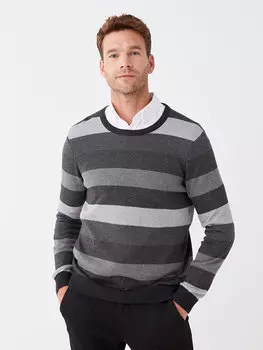 Мужской трикотажный свитер в полоску с круглым вырезом и длинными рукавами LCWAIKIKI Classic, светло-серый