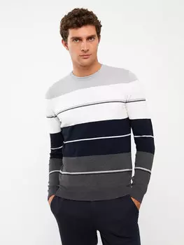 Мужской трикотажный свитер в полоску с круглым вырезом и длинными рукавами LCWAIKIKI Classic, светло-серый