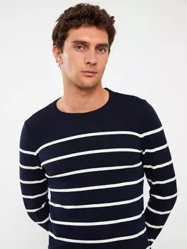 Мужской трикотажный свитер в полоску с круглым вырезом и длинными рукавами SOUTHBLUE, темно-синий в полоску