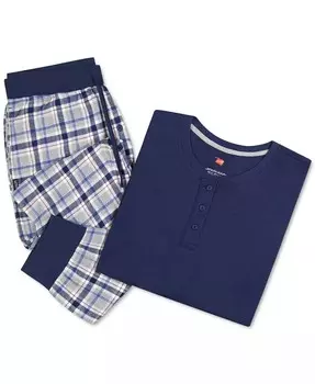 Мужской Ultimate, 2 шт. Топ Henley с длинными рукавами и ультрамягкие фланелевые спортивные штаны для сна Hanes, серый