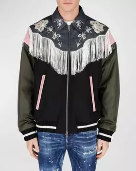Мужской университетский бомбер в стиле вестерн с бахромой Dsquared2, цвет Black