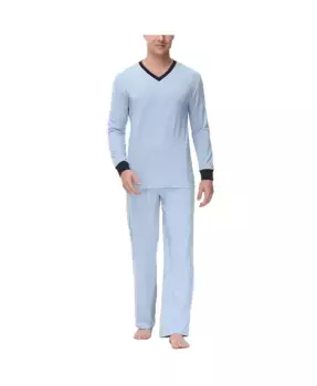 Мужской утепленный комплект пижамы с V-образным вырезом и брюками для отдыха INK+IVY, синий
