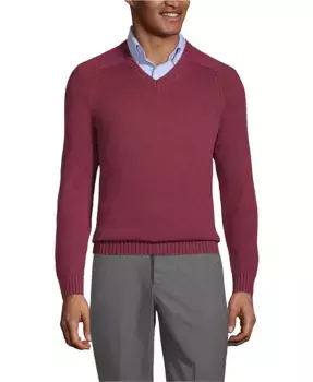 Мужской V-образный свитер из хлопка и модала Lands' End, красный