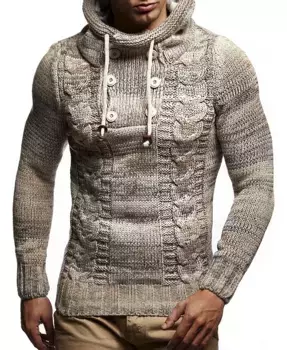 Мужской вязаный худи с пуговицами – кабельная вязка Leif Nelson, коричневый/бежевый