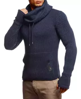 Мужской вязаный пуловер с капюшоном и прорезями для большого пальца на манжетах Leif Nelson, синий
