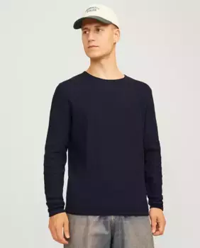 Мужской вязаный свитер с длинным рукавом и круглым вырезом Jack & Jones, темно-синий