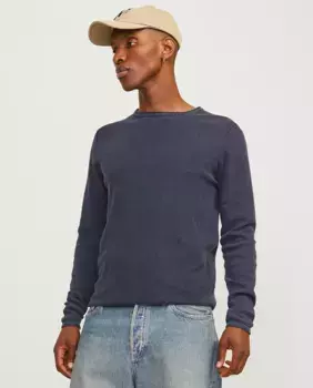 Мужской вязаный свитер с длинным рукавом и круглым вырезом Jack & Jones, синий