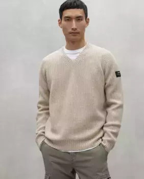 Мужской вязаный свитер с круглым вырезом и ребристыми манжетами и воротником Ecoalf, бежевый