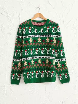 Мужской вязаный свитер с круглым вырезом на рождественскую тематику LCW Casual