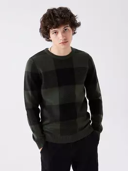 Мужской вязаный свитер в клетку с круглым вырезом и длинными рукавами LCW Casual, темное правое